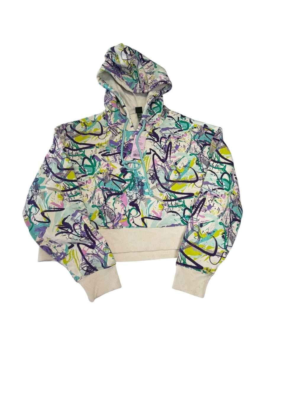 Wild Fable Women Cropped Hoodie Sweatshirt Abstract Graffiti Style Pullover NWT